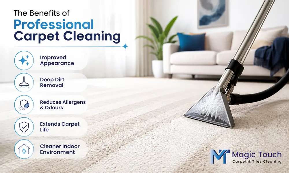 Professional carpet cleaning benefits including improved appearance, deep dirt removal, reduced allergens, longer carpet life, and cleaner indoor environment