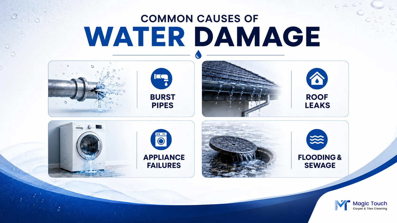 Common causes of water damage including burst pipes and roof leaks