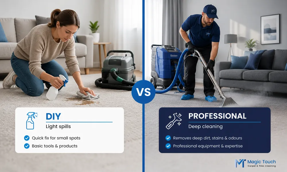 DIY versus professional carpet cleaning comparison showing light spill cleaning and deep carpet extraction by a trained cleaner