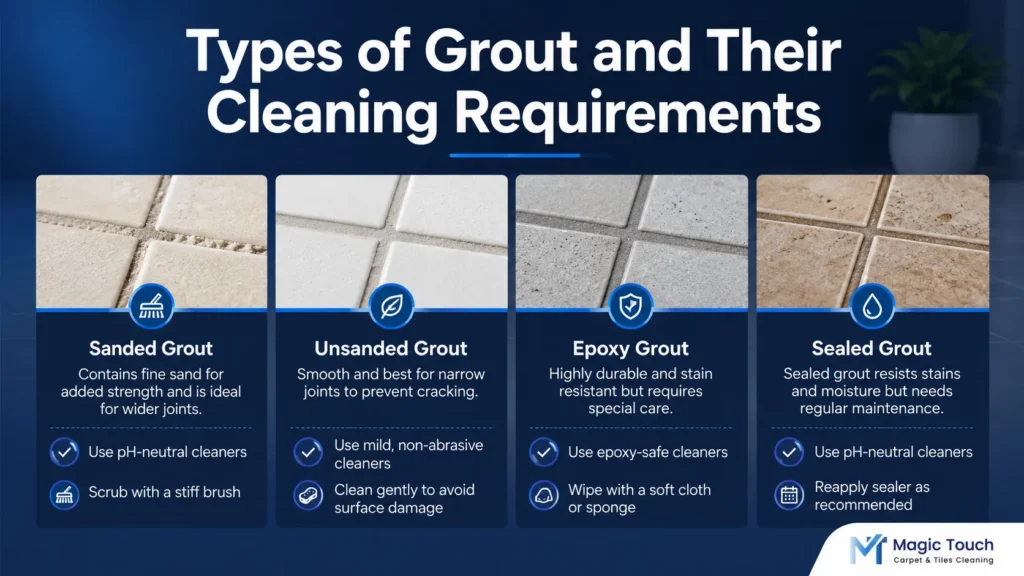 Types of grout and their cleaning requirements infographic