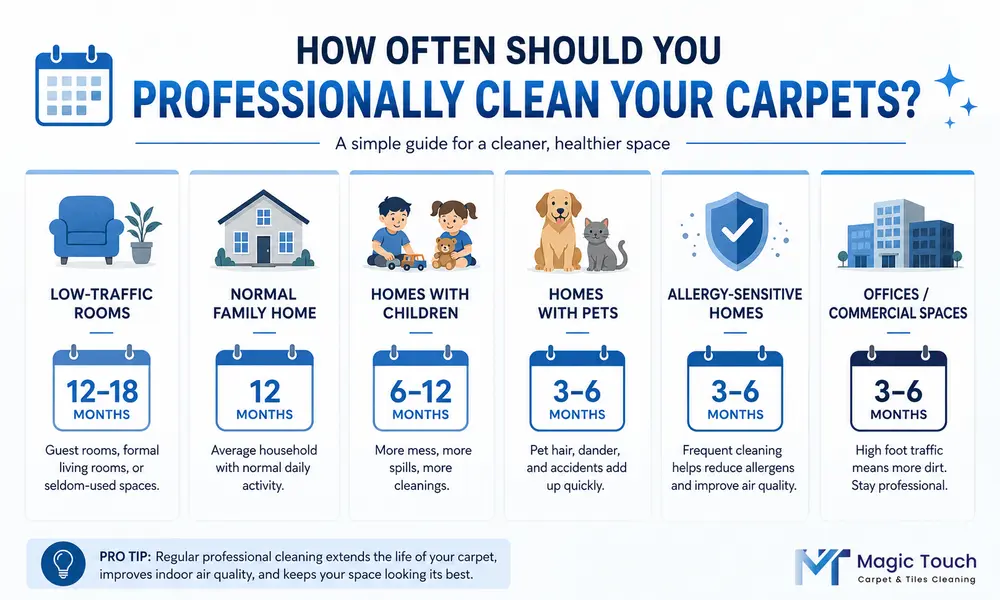 Carpet cleaning frequency guide for low traffic rooms, family homes, homes with children, pets, allergy sensitive homes, and commercial spaces