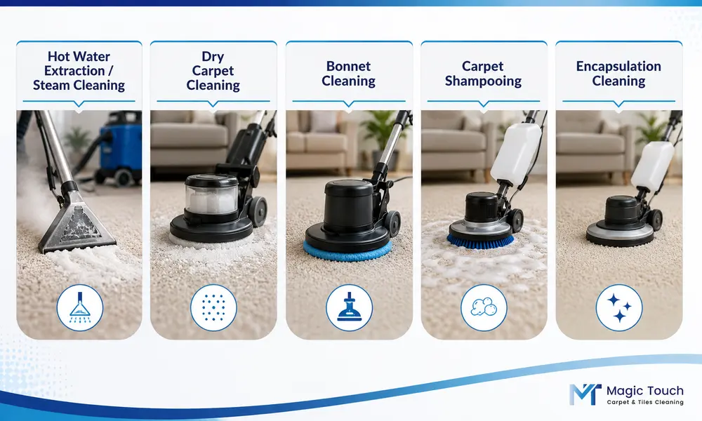 Infographic showing five carpet cleaning methods including hot water extraction, dry cleaning, bonnet cleaning, shampooing, and encapsulation