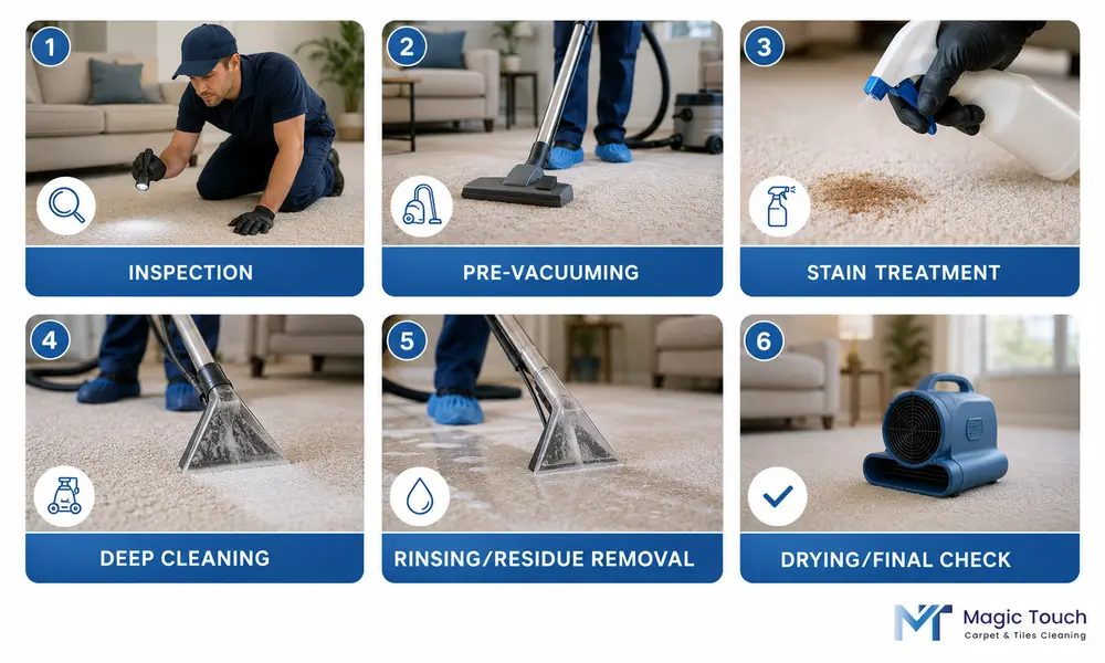 Six step professional carpet cleaning process showing inspection, pre-vacuuming, stain treatment, deep cleaning, rinsing, and drying