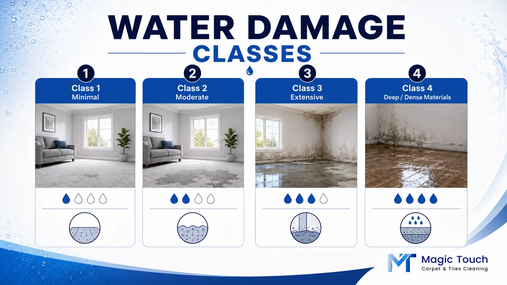 Water damage classes from minimal to severe saturation