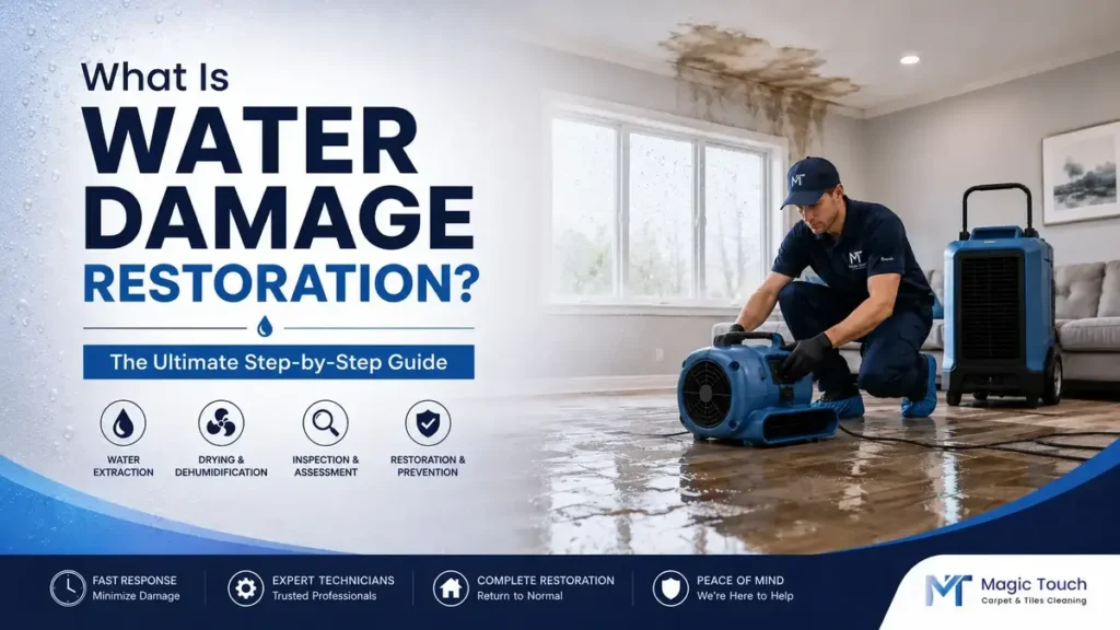 Water damage restoration guide with technician drying wet floor