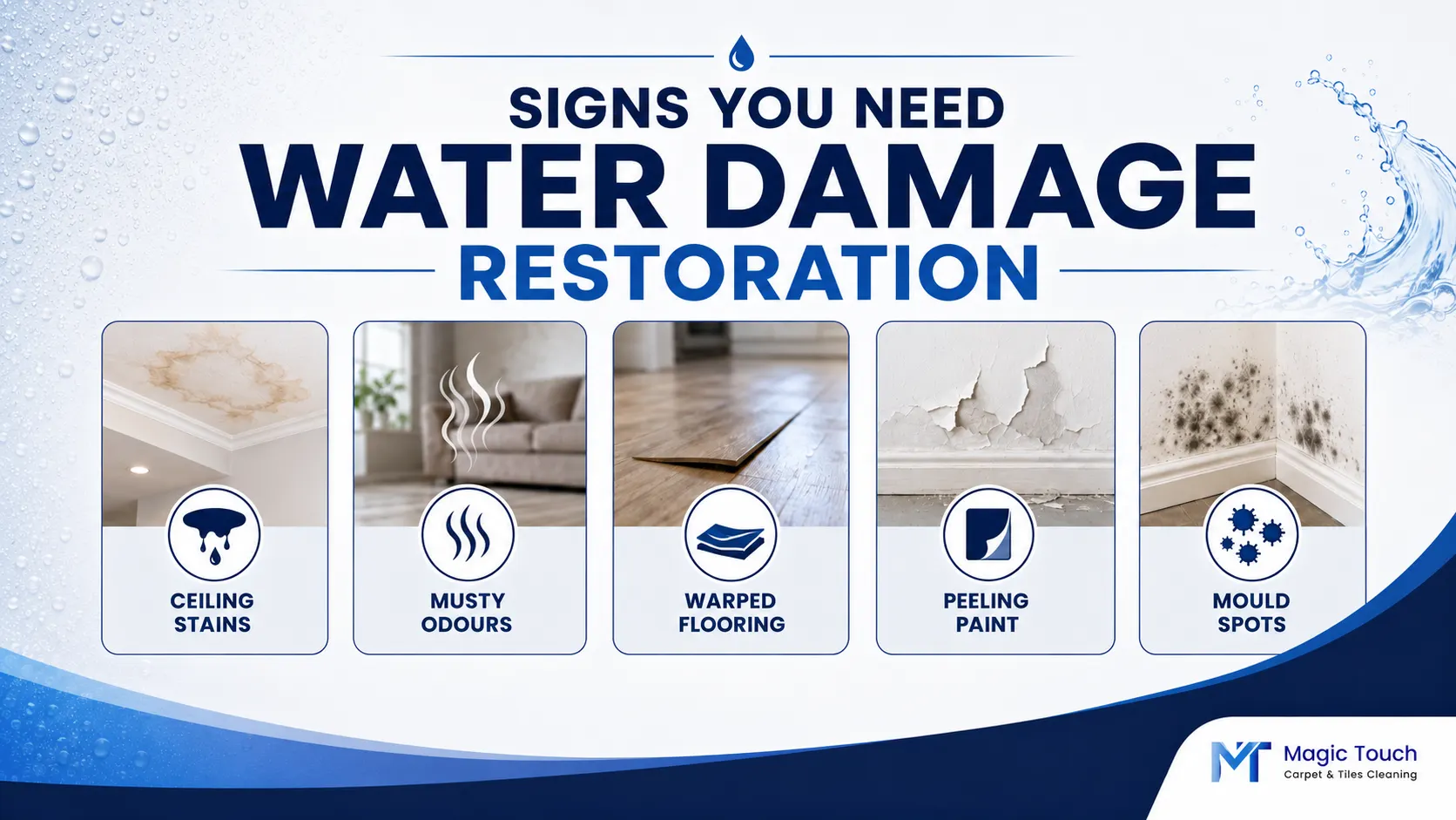 Warning signs of water damage including mould stains and warped flooring