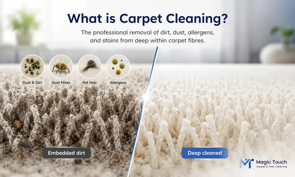 Before and after carpet fibre comparison showing embedded dirt, dust, pet hair, allergens, and deep cleaned carpet