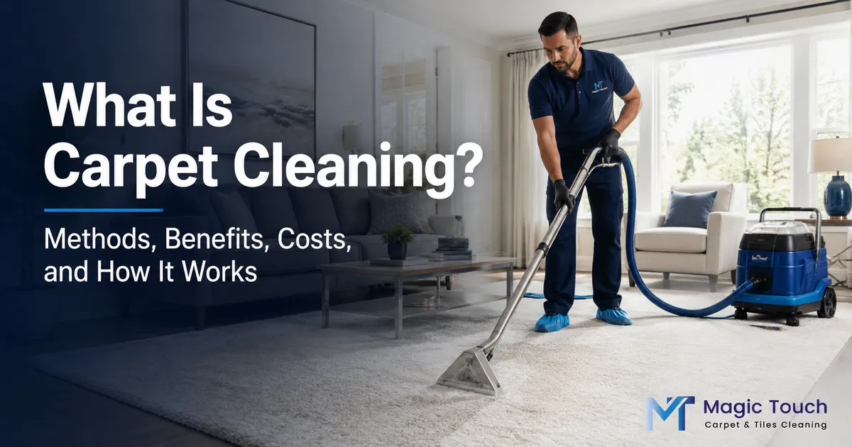 Professional carpet cleaner using extraction equipment in a modern living room for a carpet cleaning guide covering methods, benefits, costs, and process