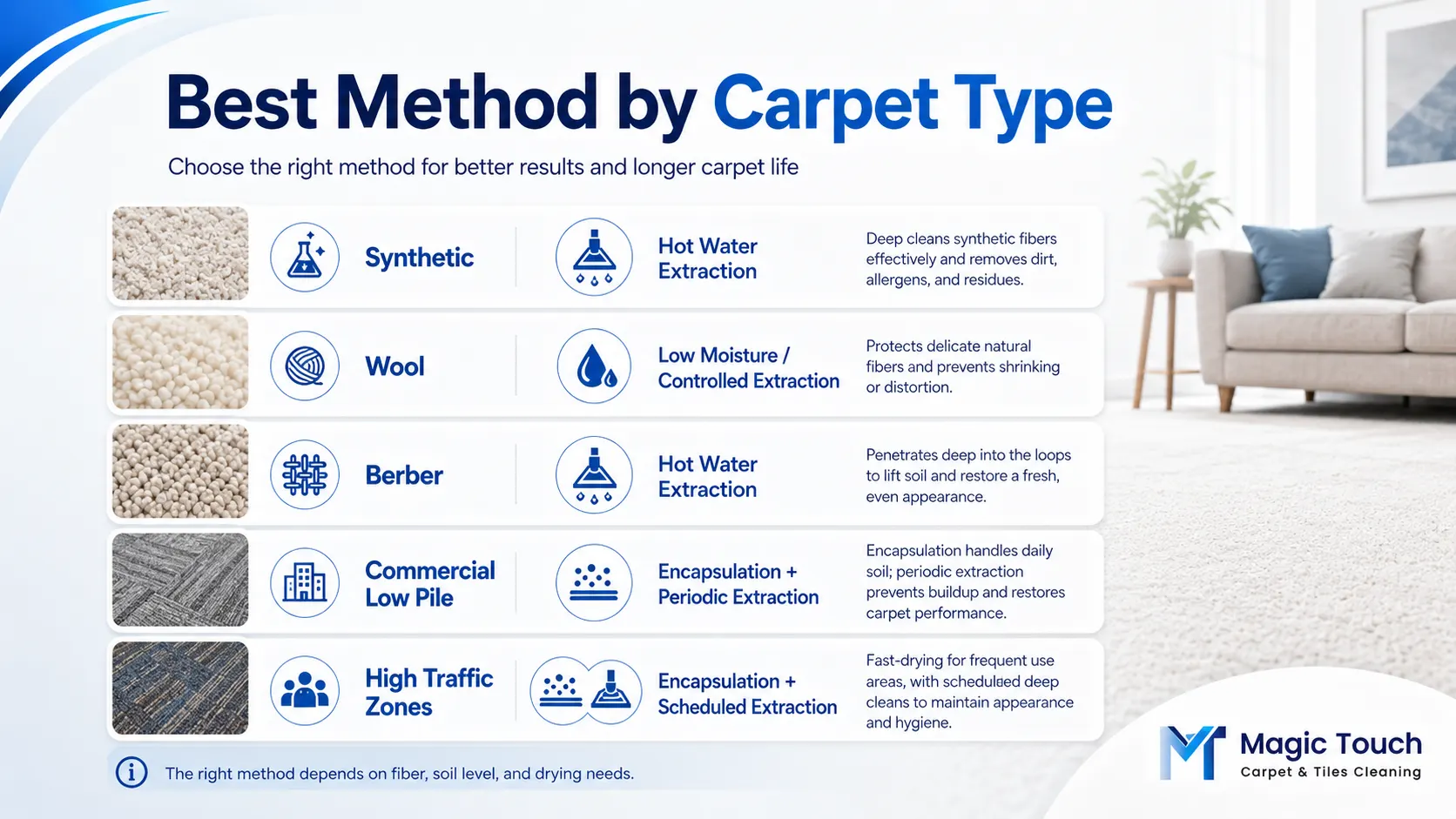 Best carpet cleaning method by carpet type including synthetic wool berber and commercial carpet