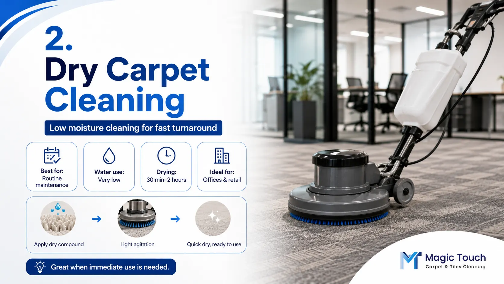 Dry carpet cleaning low moisture method for fast drying commercial carpets