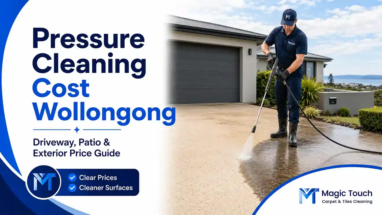 Professional pressure cleaning a residential driveway in Wollongong with exterior price guide text